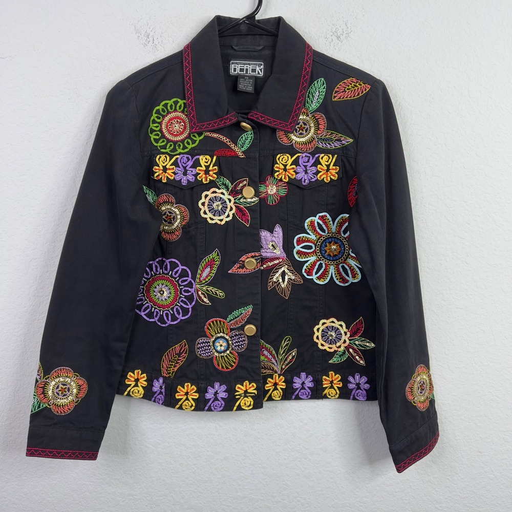 BEREK Jacket Womens PS Black Embroidered Floral Cottagecore Boho Eclectic‎ Boho